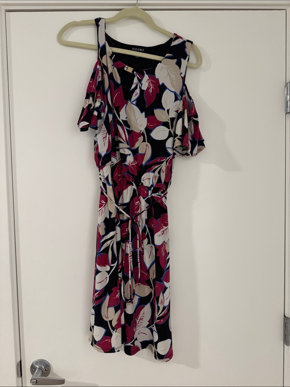Roz & Ali Navy Floral Cold-Shoulder Midi Dress with Pink & Cream Leaves